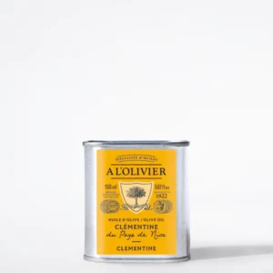 Huile d’olive à la clémentine A L’Olivier 150 ml en bidon métallique avec étiquette jaune