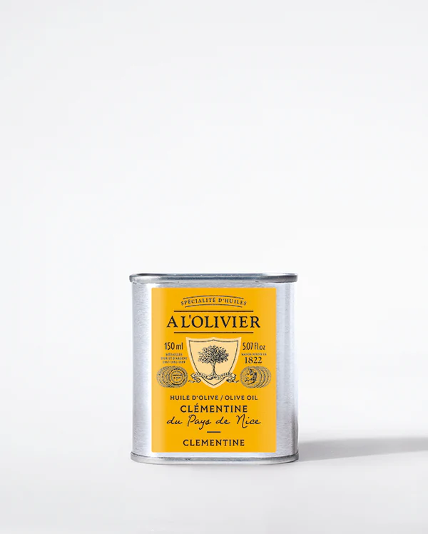 Huile d’olive à la clémentine A L’Olivier 150 ml en bidon métallique avec étiquette jaune
