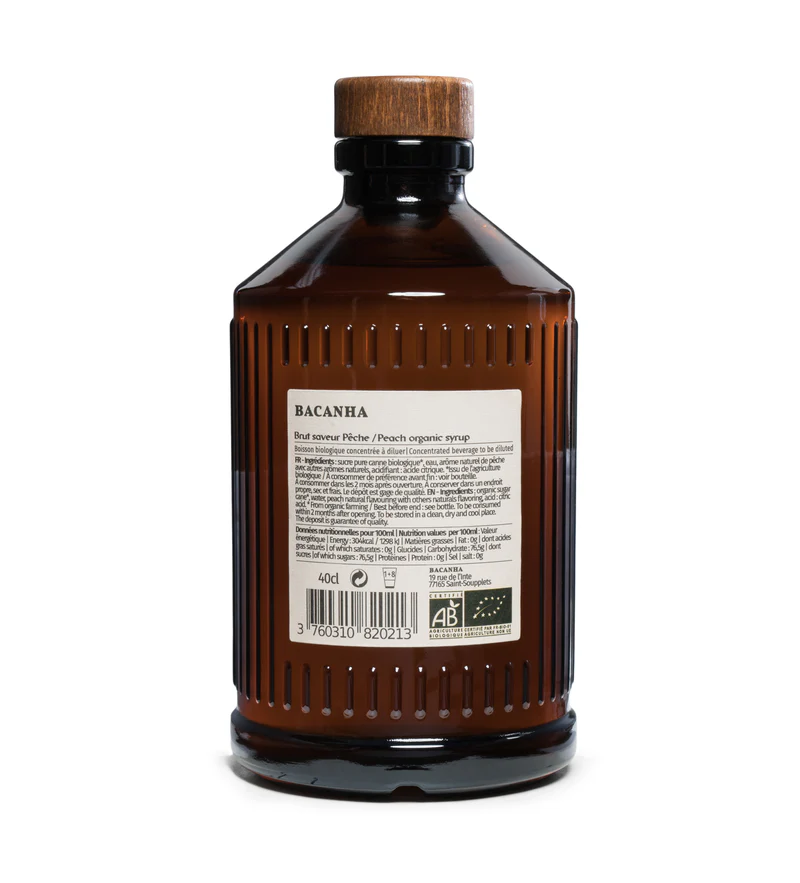 Sirop de pêche biologique Bacanha flacon 40cl arrière