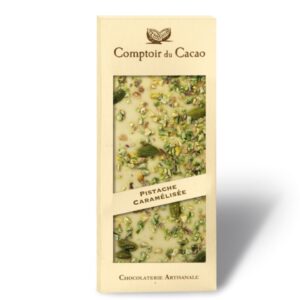 Tablette de chocolat blanc gourmandes aux pistaches caramélisées 90g