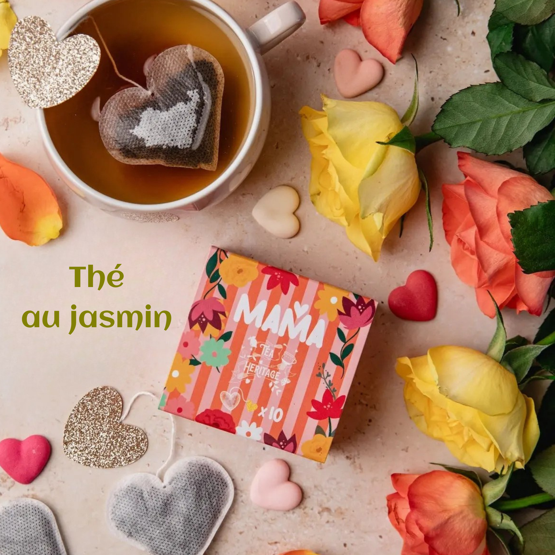 Coffret Mama thé au jasmin sachets cœur paillettes dorées