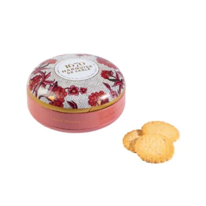 Boîte ronde élégante à offrir sablés artisanaux a la framboise La Sablésienne vendus par Halmahera
