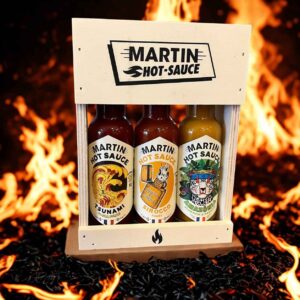 Coffret 3 sauces piquantes artisanales dans écrin en bois cadeau gourmand